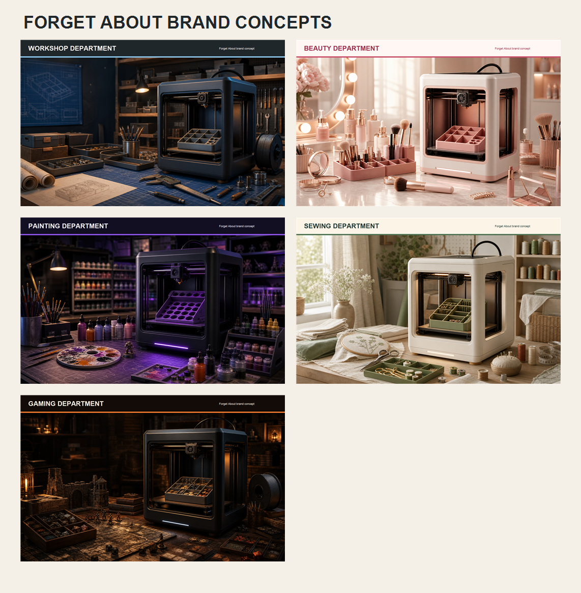 Overview board showing Workshop, Beauty, Painting, Sewing, and Gaming department concepts.