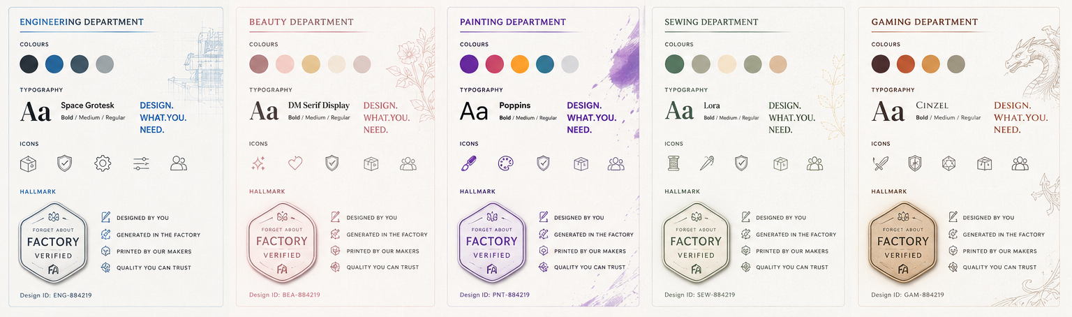 Brand foundation cards showing colours, typography, icons, and verification marks for each department.
