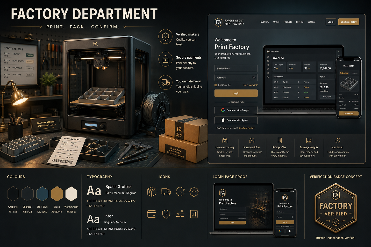 Factory Department brand concept with provider portal, payment, delivery, typography, and login proof.