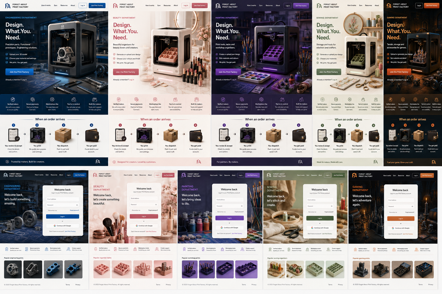 Full concept board including department landing pages and proposed login pages.