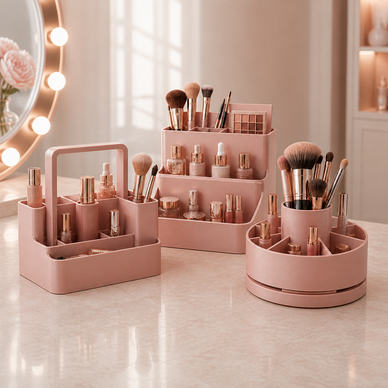 Three rose-gold 3D-printed makeup organisers: a handled caddy, tiered stand and round rotating organiser.