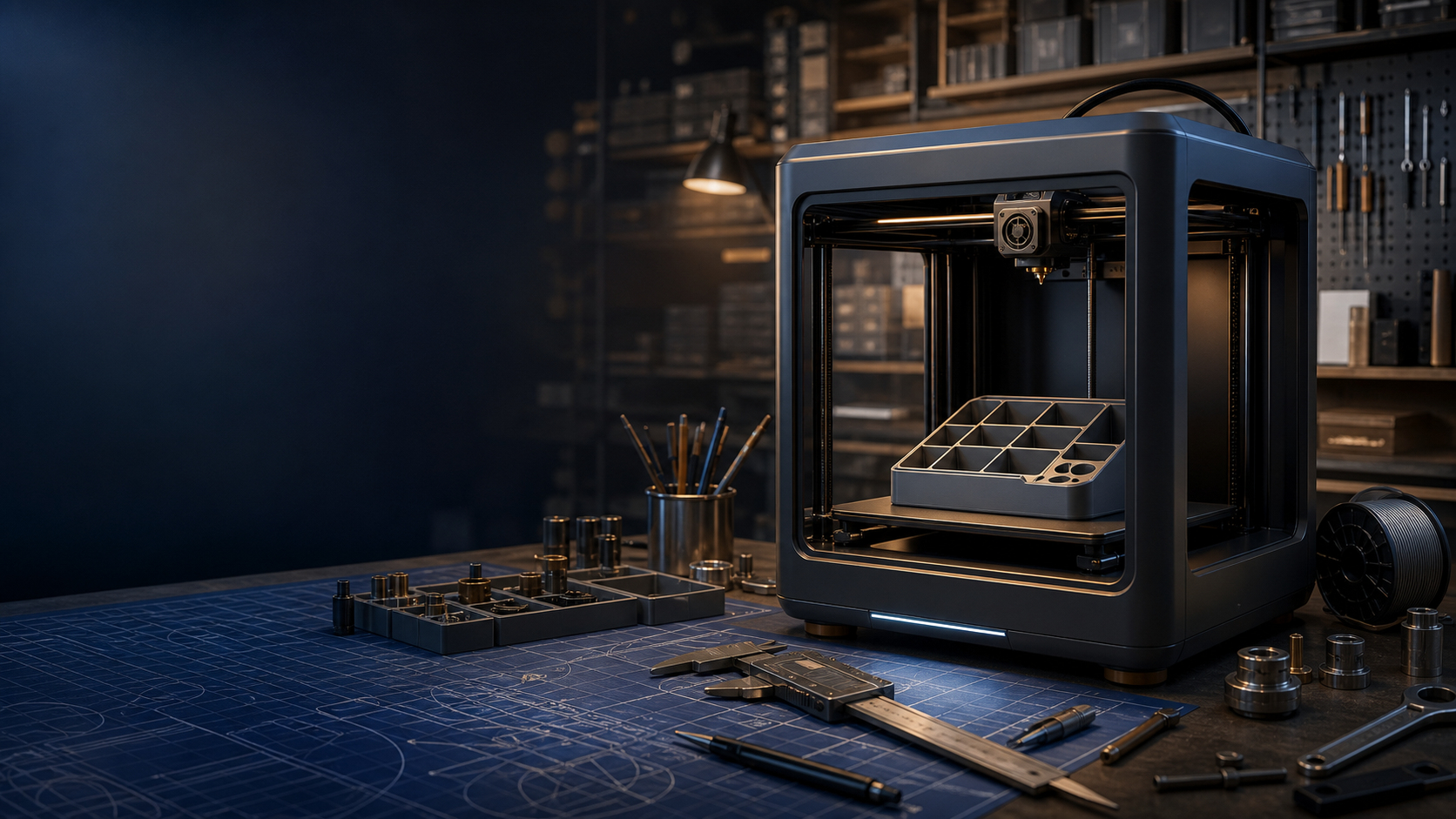 A 3D printer producing a fitted organiser on a measured workshop bench.