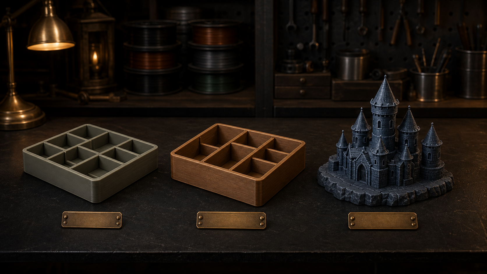 A selection of finished 3D-printed trays and a detailed model on a workshop bench.