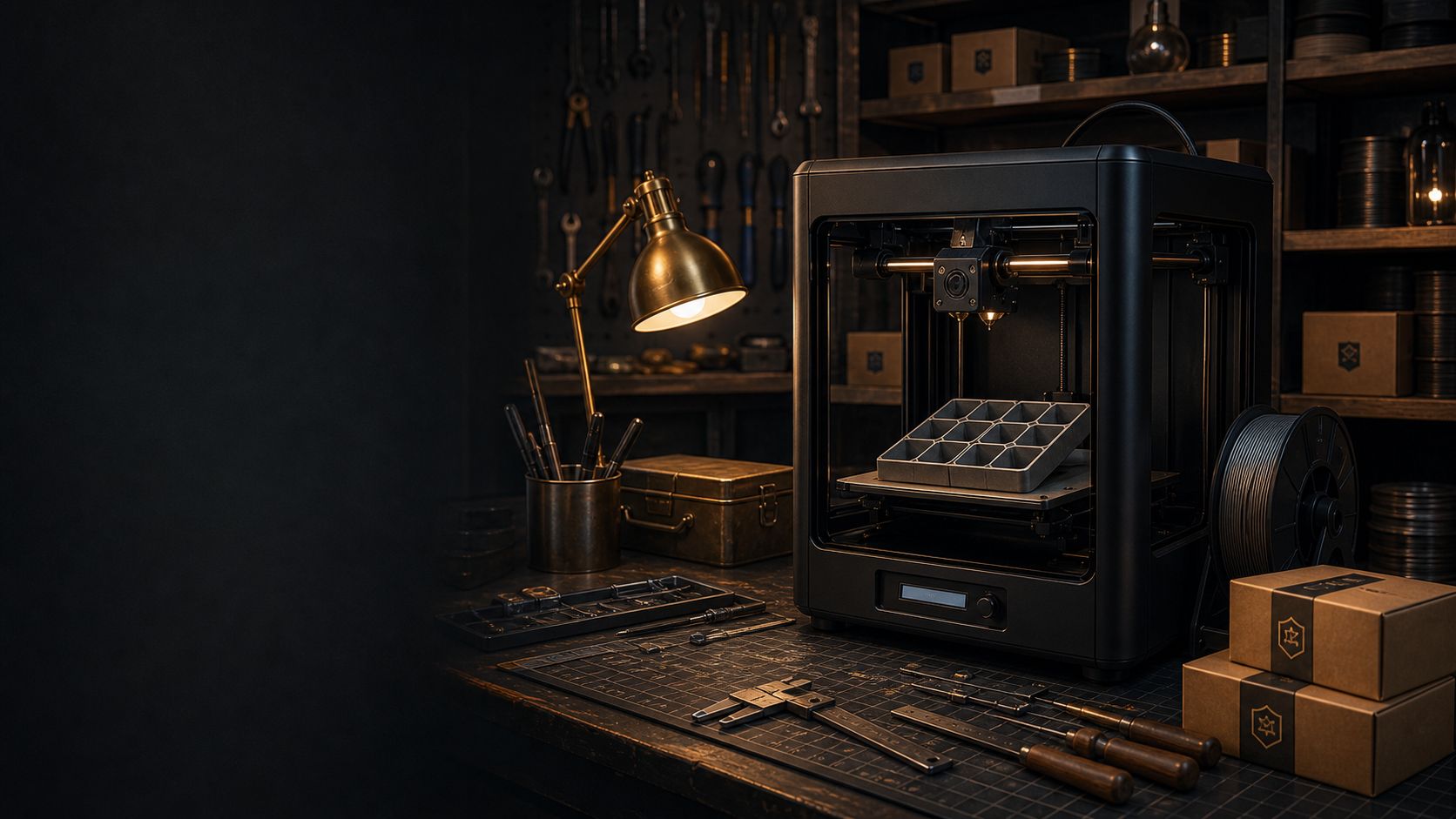A 3D printer, tools and packed parcels in the Print Factory workshop.