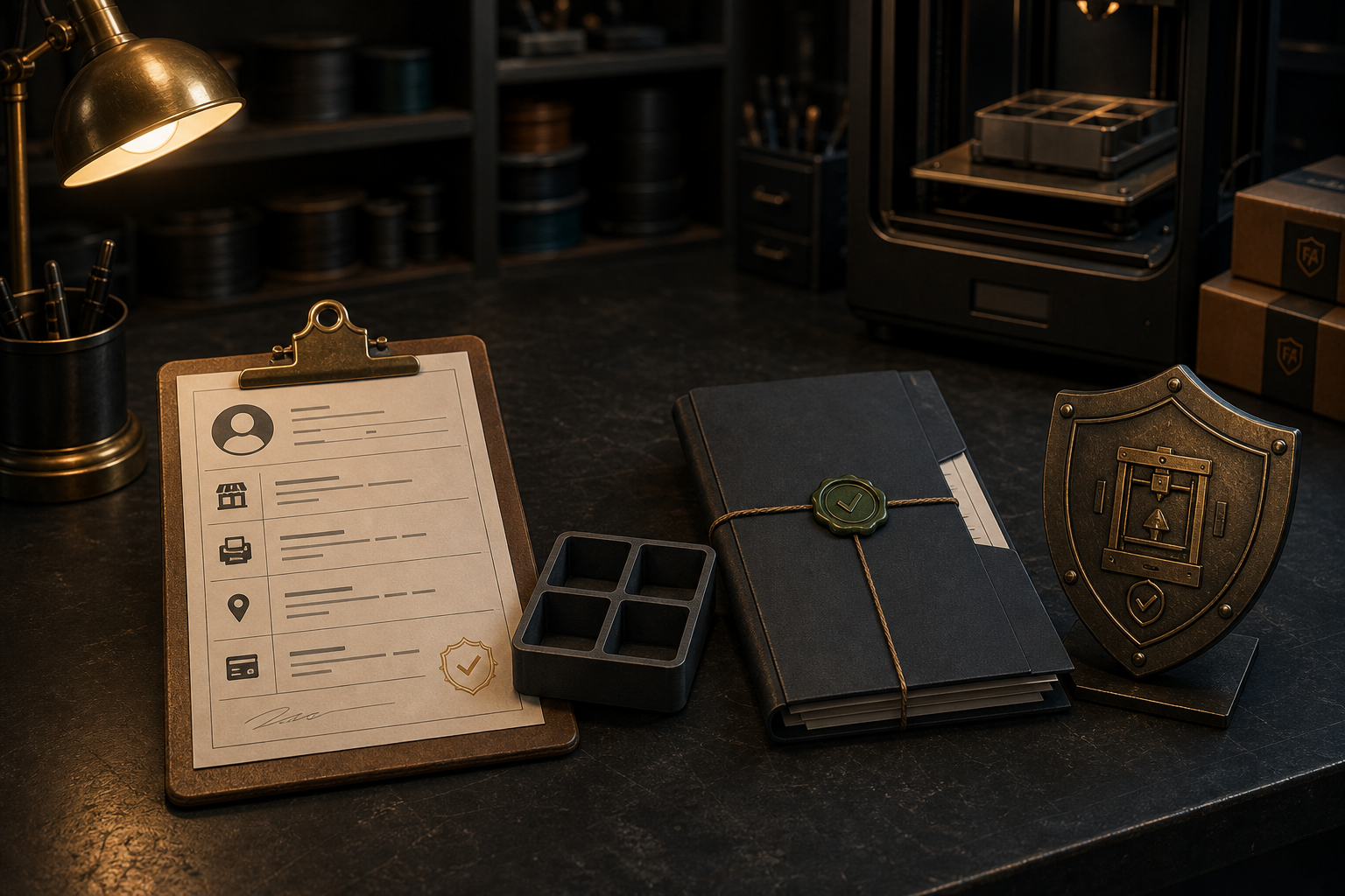 A printed tray proof and an approved maker badge on a workshop bench.